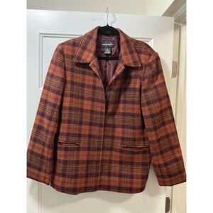 Requirements Womens Wool Blend Plaid Zip Front Jacket Blazer Rust Burgundy Sz 16